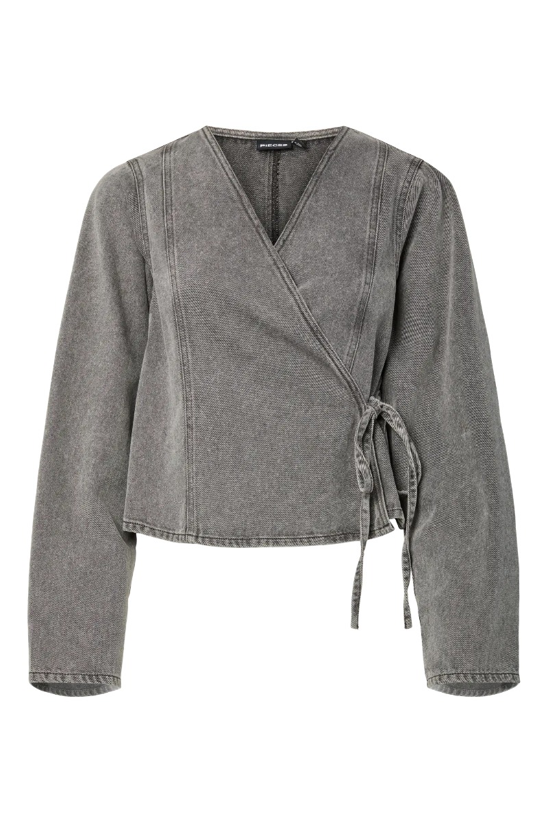 Pieces - Ammevenlig Denim Slå-Om Bluse - Grå