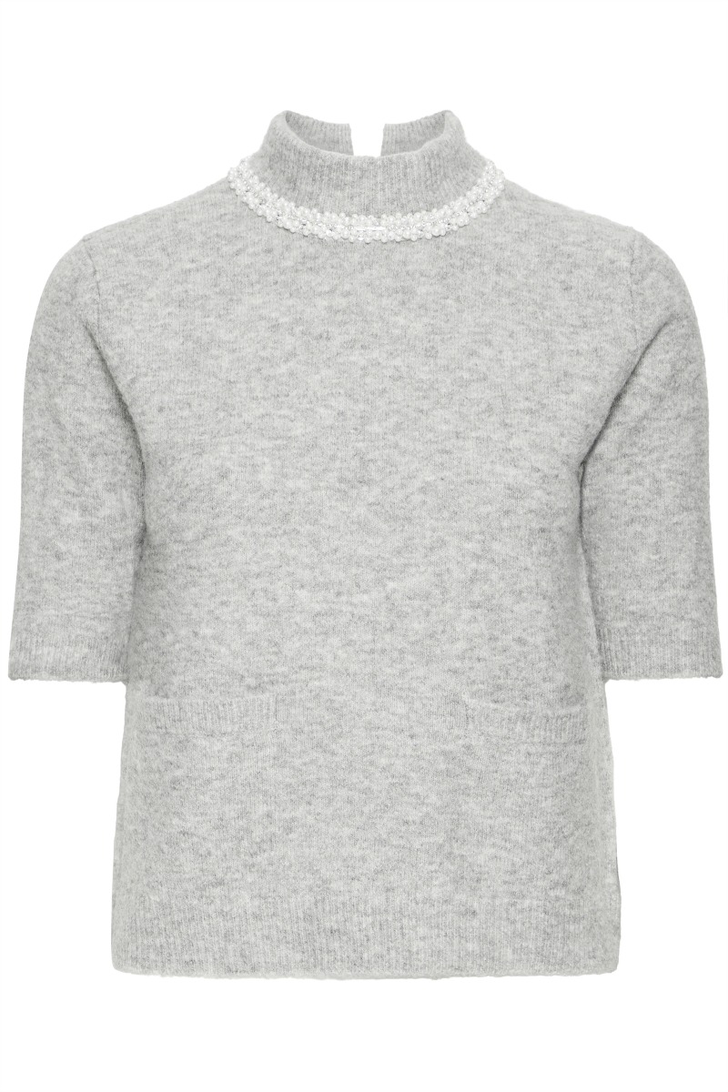 Ichi T-shirt med perledetalje - Grå Melange