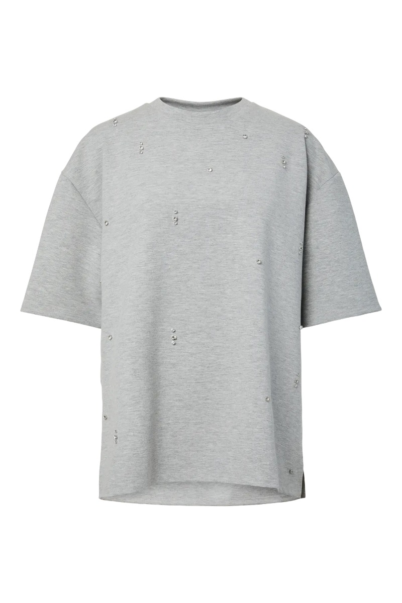 Pieces - T-shirt - Muna Oversize med Sten i Grå Melange