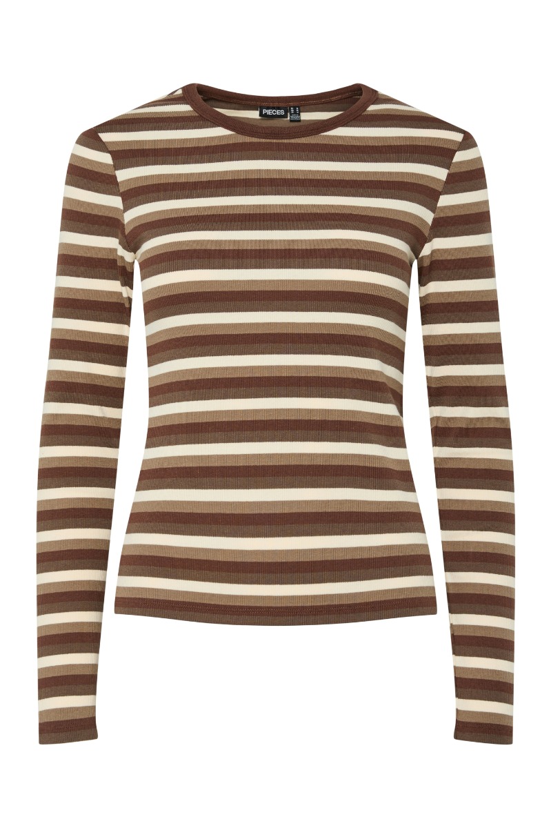 Pieces - Bluse - May Ls Striped Top i Morel Downtwon Brown