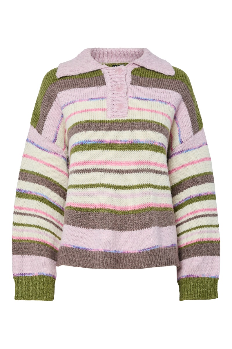 Pieces - Strik - Rye Ls Polo Knit - Sphagnum Multi Farver