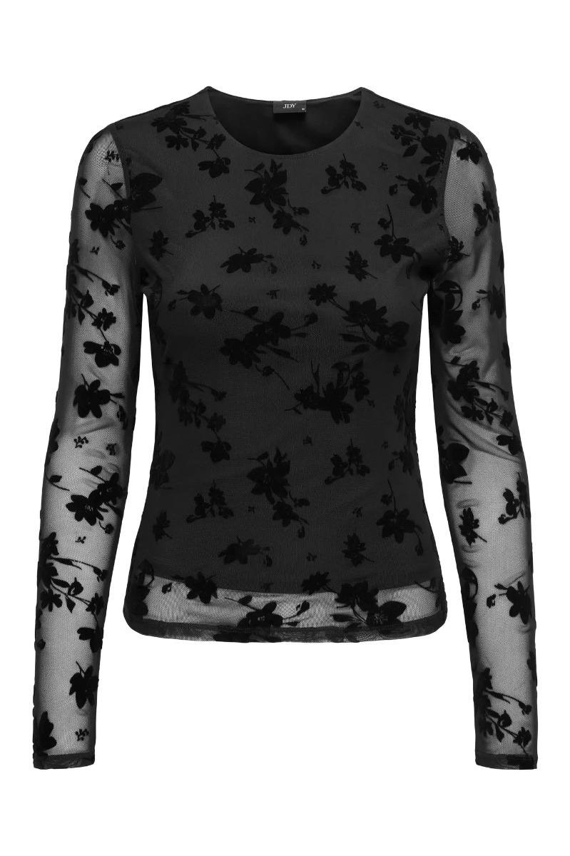 Jdy - Top - Ruby Ls Mesh Flock Top - Black Big Flowers