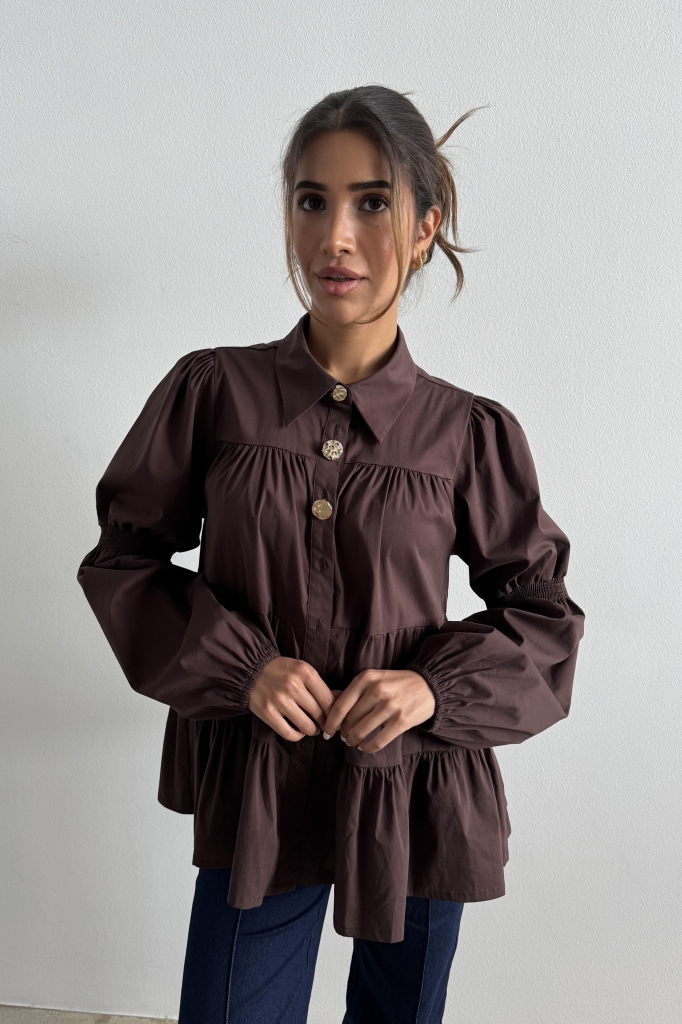 Continue - Bluse - Sanna Gold Buttons - Dark Brown Levering Start November