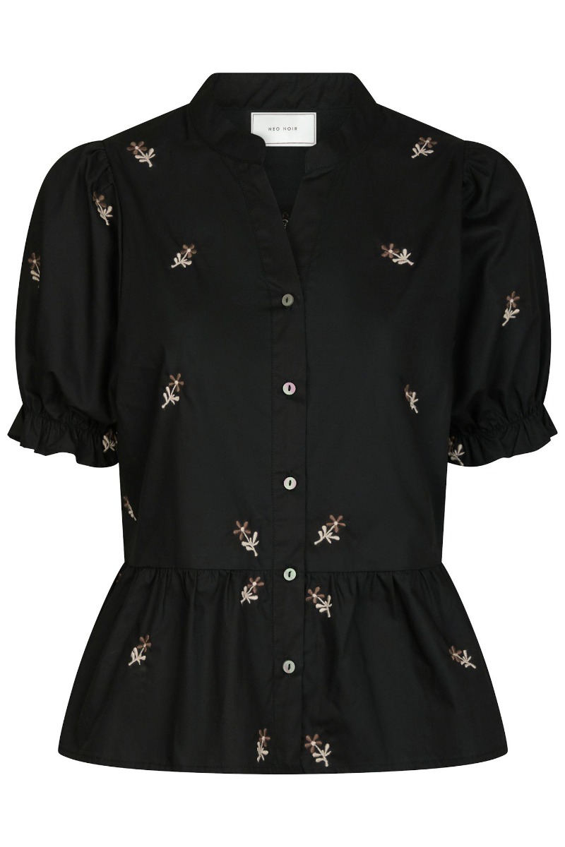 Neo Noir - Savy Flower Broderet Bluse - Sort Perle Box