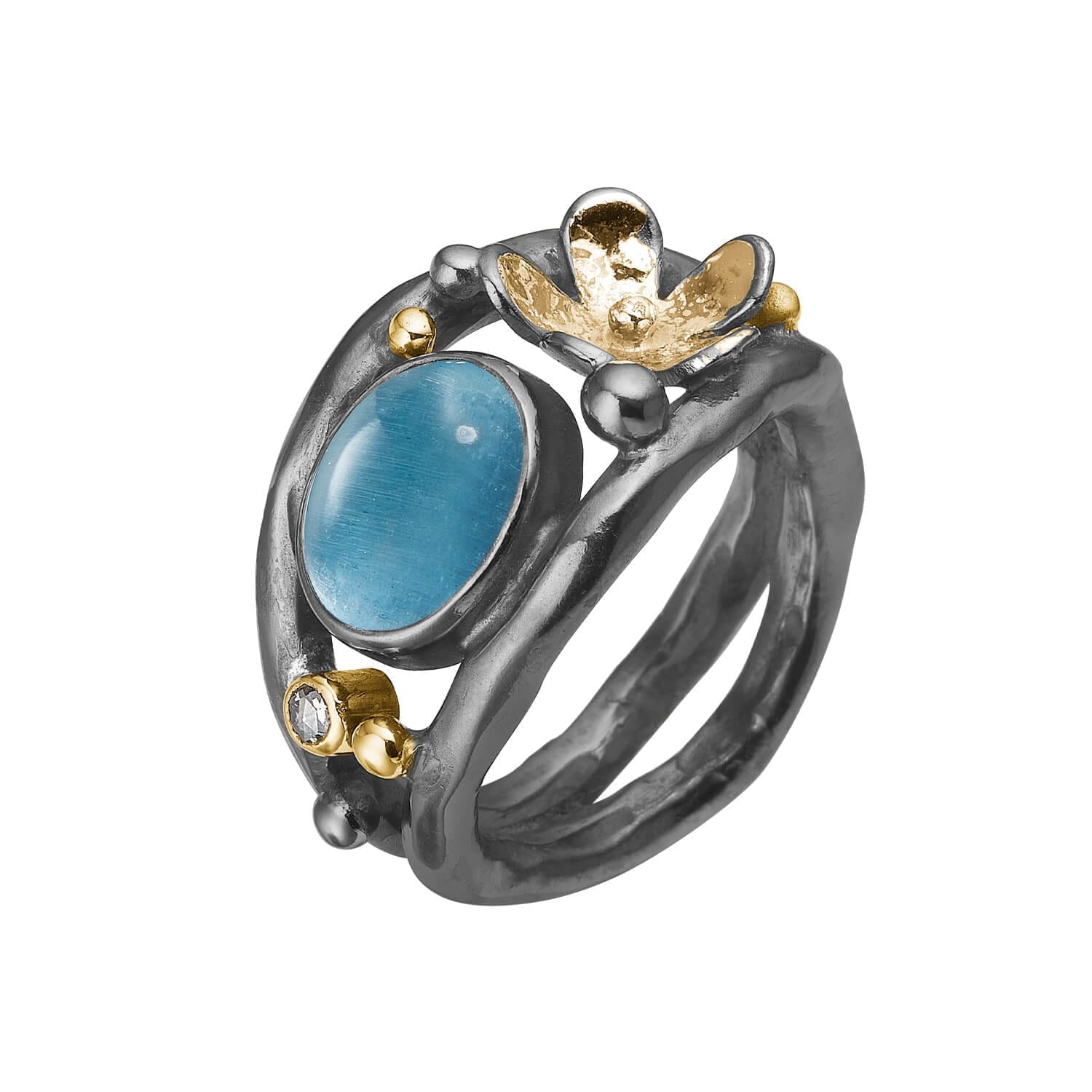 Ring Como - Diamantring med akvamarine og guldblomst