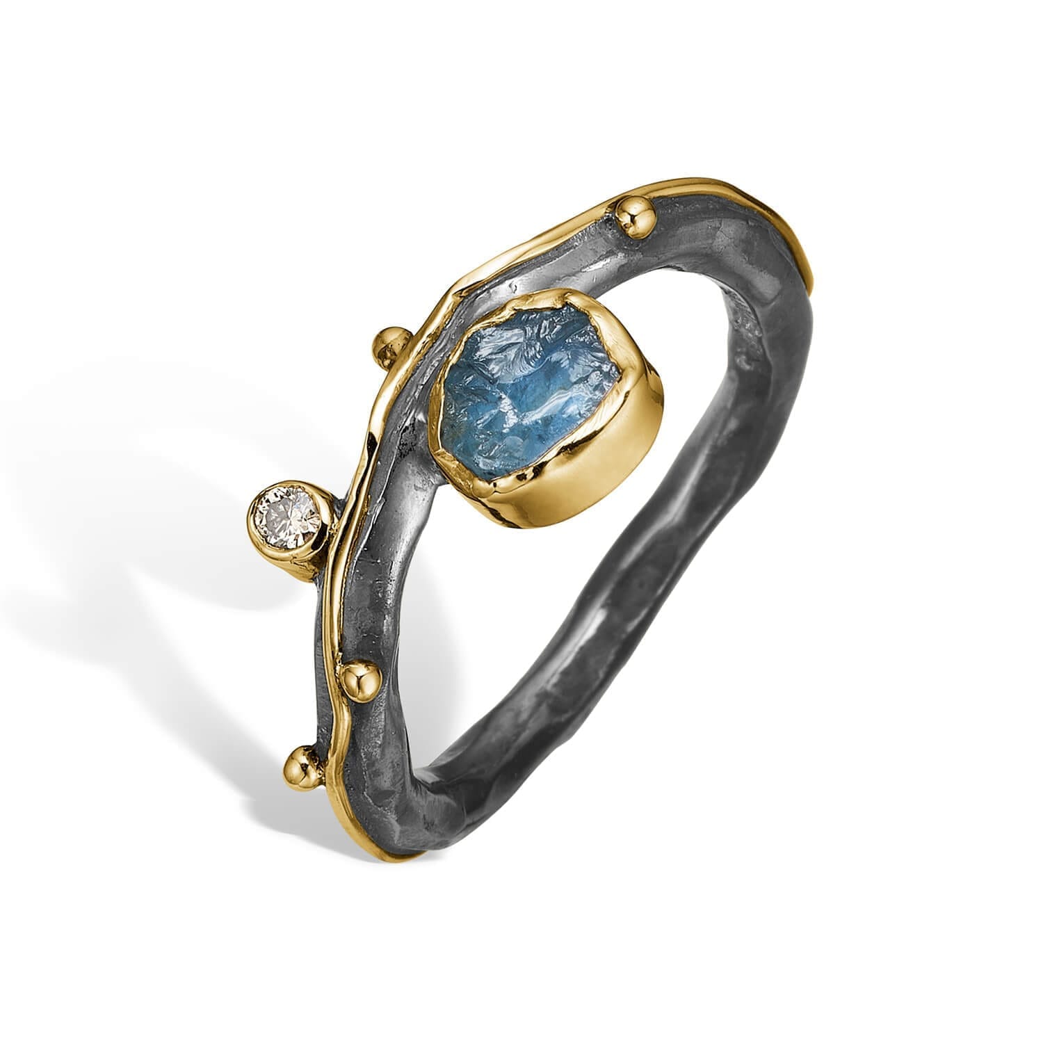 Louise Aqua Raw Sølv Ring med Rå Akvamarin og Diamant