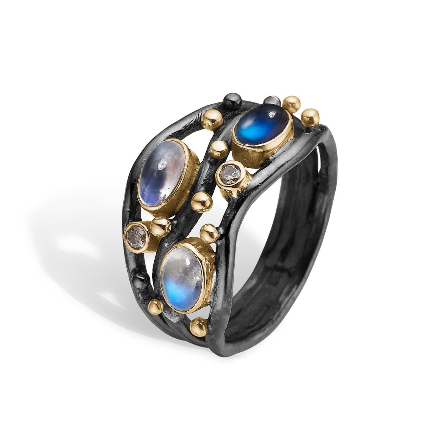 Ring Nautilos Blue med regnbue månestene og diamanter
