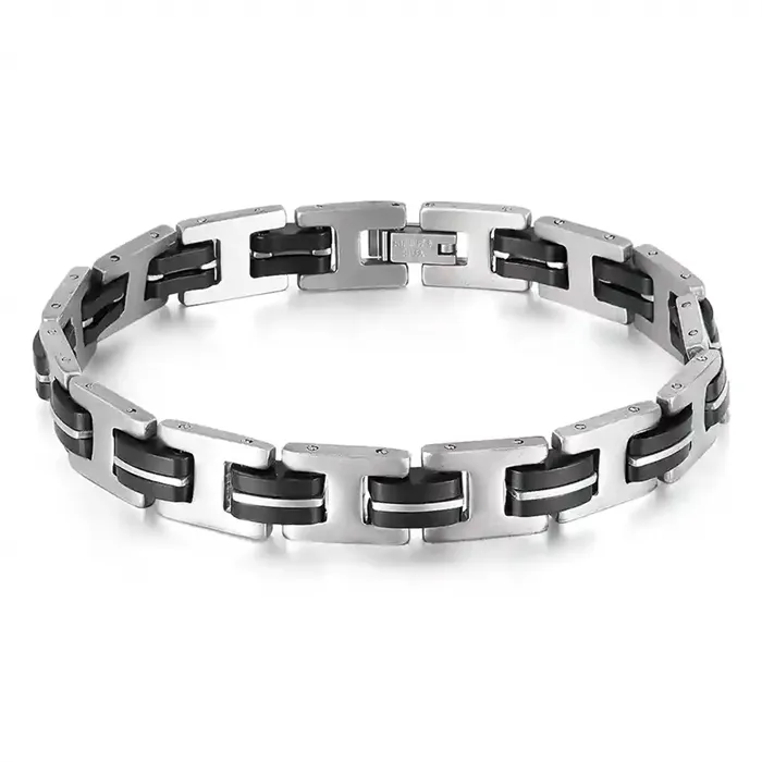 Maskulint armbånd i rustfrit stål og sort silikone - 20,5 cm