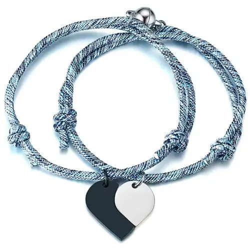 Par Armbånd i Reb med Hjerte i Rustfrit Stål - 2 Stk.