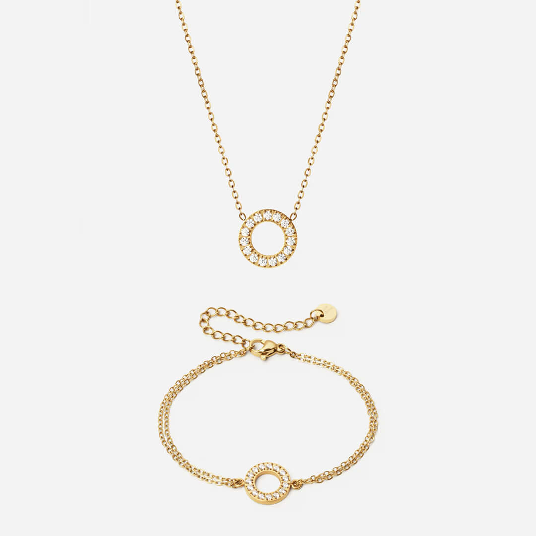 Circle Zirkon Halskæde 12mm Armbånd 12mm 18k Guldbelagt