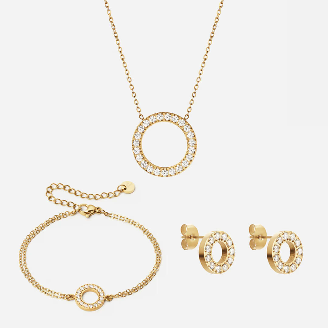 Circle Zirkon Halskæde 20mm Armbånd 12mm  øreringe 10mm 18k Guldbelagt