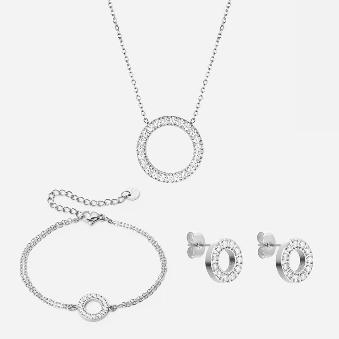 Circle Zirkon Halskæde 20mm Armbånd 12mm Sølvfarvet  øreringe 10mm Sølvfarvet