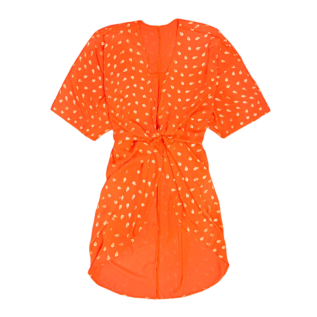 Kimono I Blodappelsin Farve Breeze Med Fjerprint I Guld - Onesize