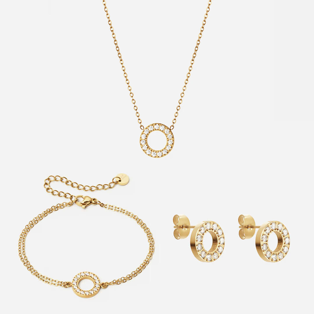 Circle Zirkon Halskæde 12mm Armbånd 12mm øreringe 10mm 18k Guldbelagt