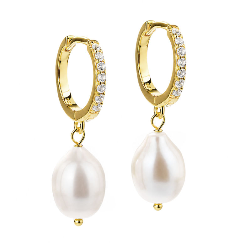 Darling Pearl Big 13 Mm Klik Creoler I Forgyldt Sterling Sølv Med Klare Zirkonia  12 Mm Ferskva