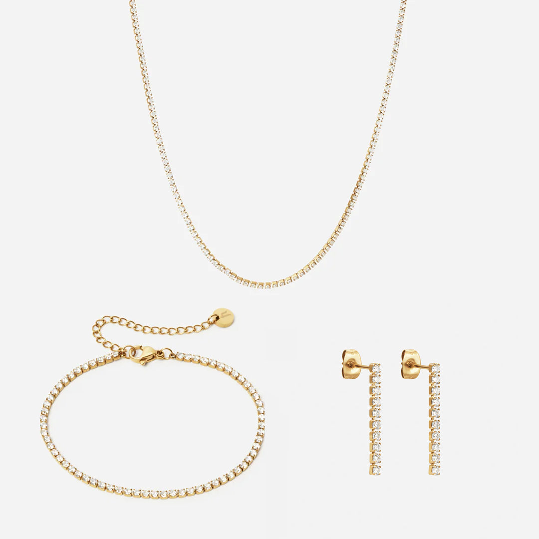 Zirkon Tennisarmbånd Halskæde øreringe 24mm 18k Guldbelagt