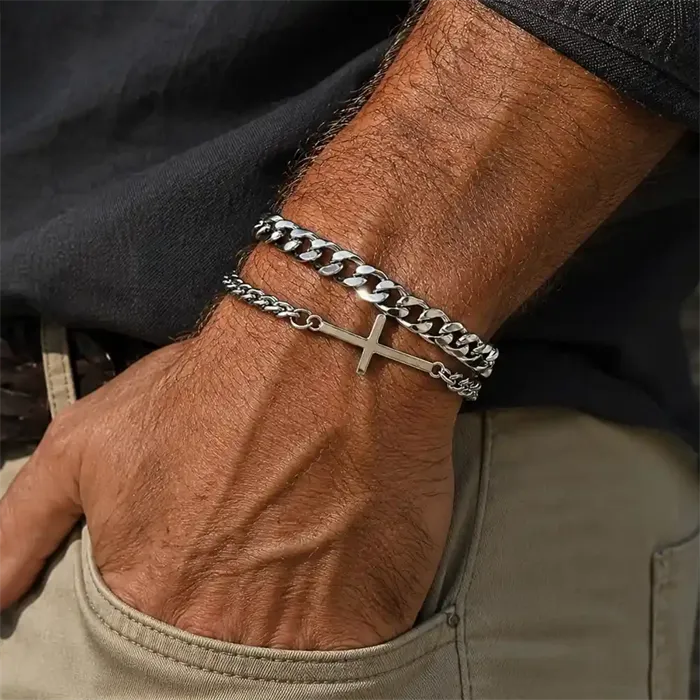 Simpelt Dobbelt Armbånd Med Kors Og Rustfri Stål