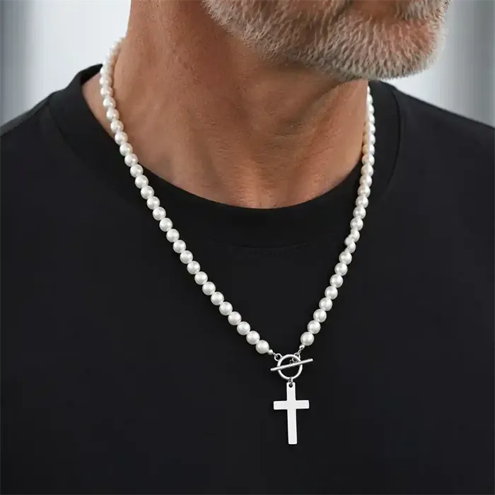 Pearl Cross Necklace - Perlekæde Til Mænd I Rustfrit Stål
