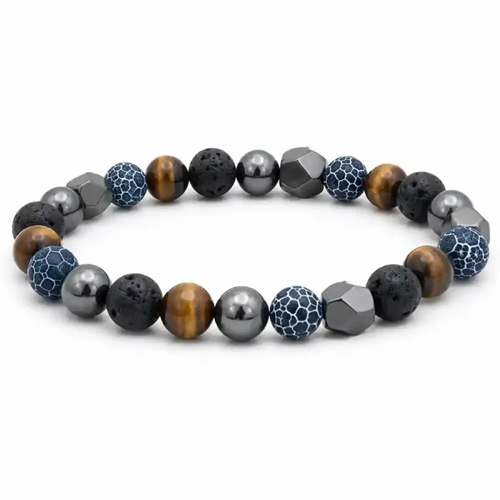 Blue Lapis Tiger Eye Herrearmbånd - 8 Mm Natursten Lava