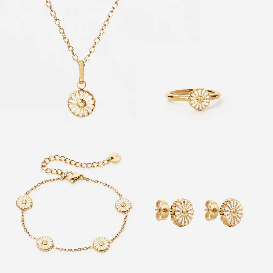 Marguerit Halskæde Armbånd øreringe Ring 18k Guldbelagt 8mm