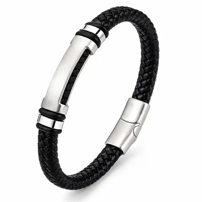 Nordic Edga Læderarmbånd I Sort Og Børstet Stål