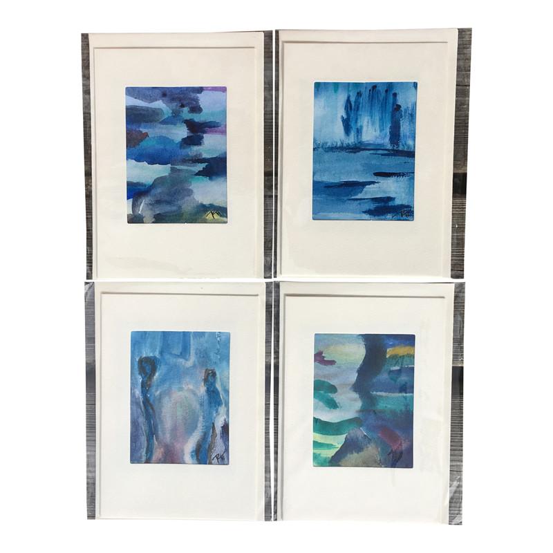Kunstkort - Originale Håndmalede Dobbeltkort 4 Stk - Farve Blårøde