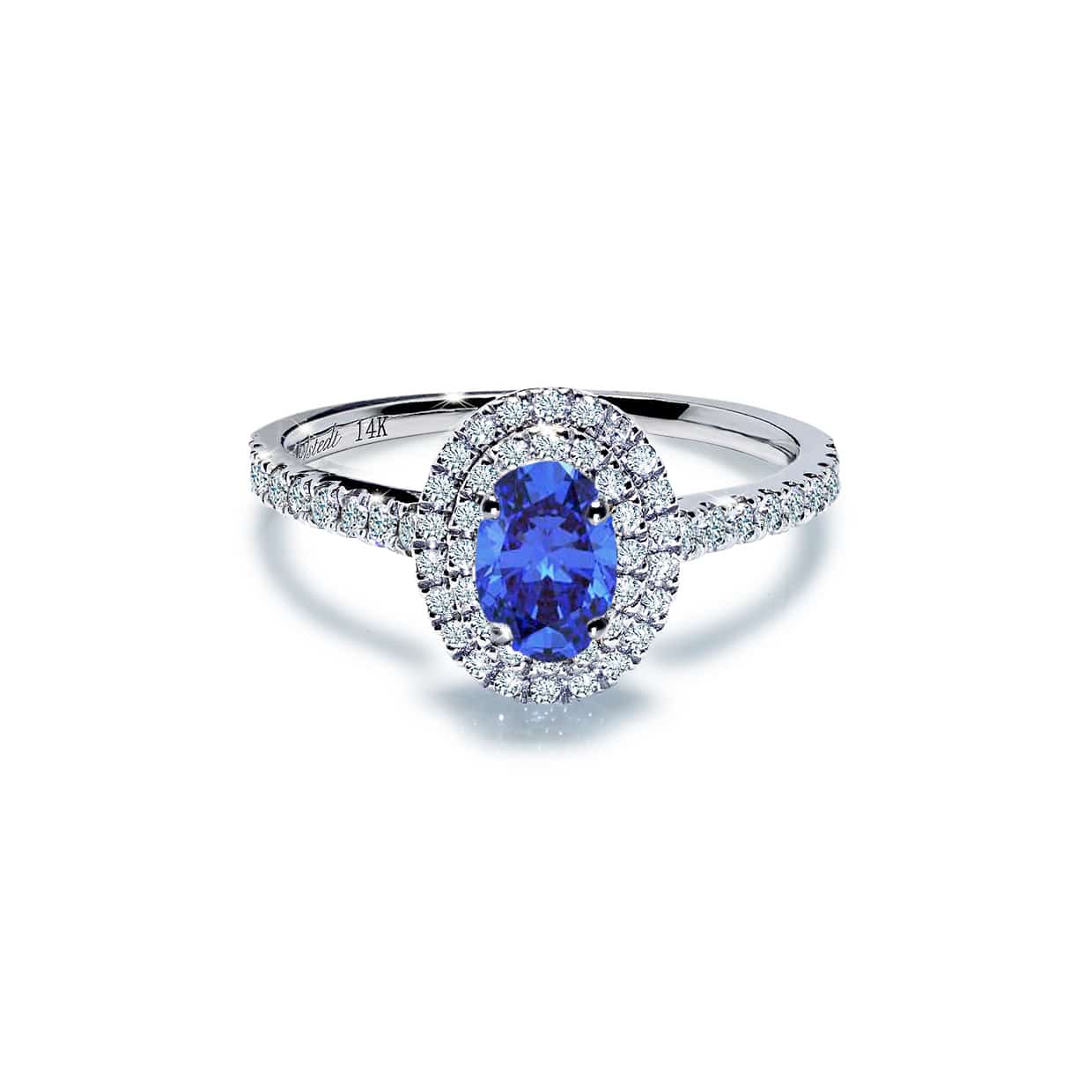 Winston Forlovelsesring Med Blå Oval Safir Og Dobbelt Diamant Halo - 14k Guld  66