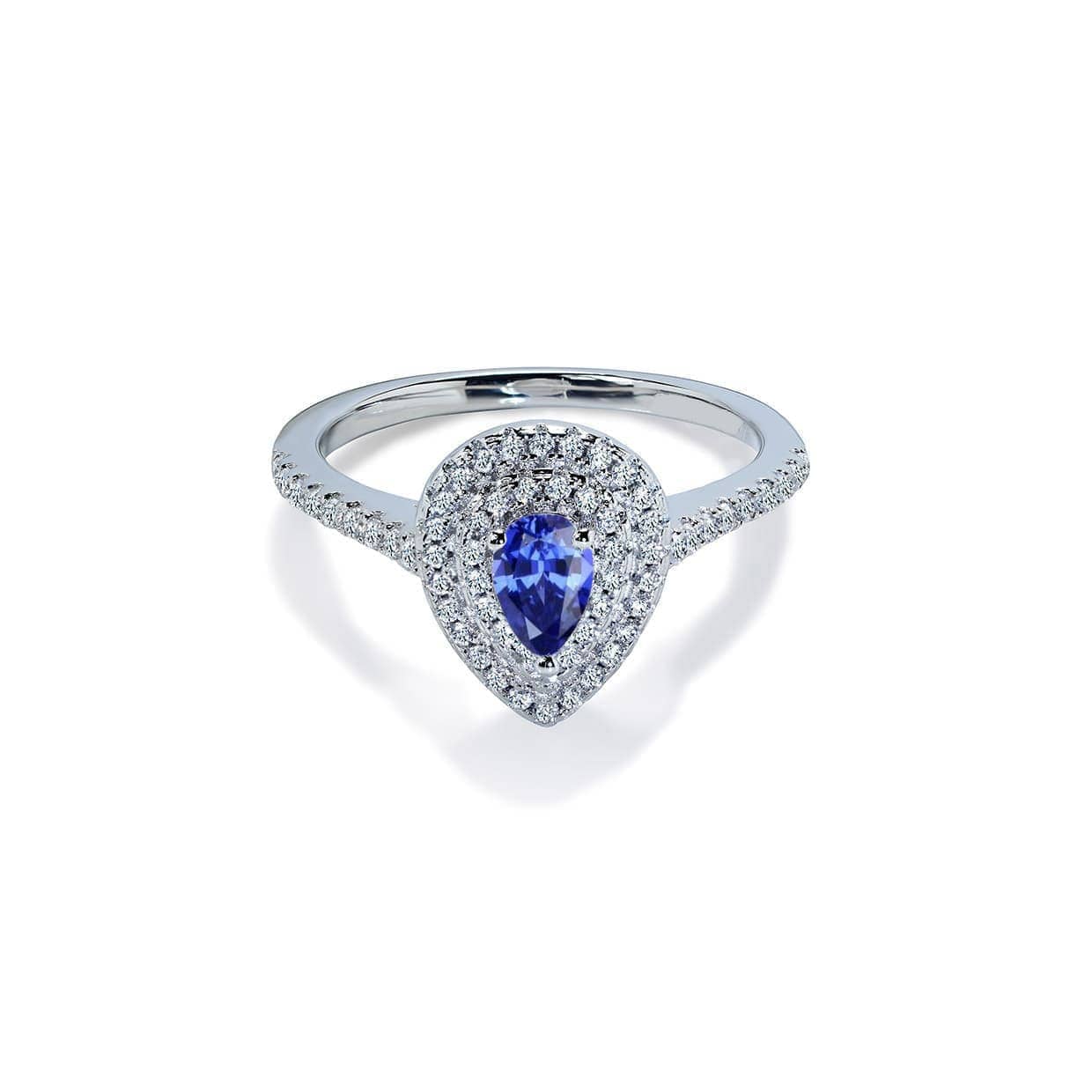 Delphi Blå Pear Cut Forlovelsesring Med Dobbelt Diamant Halo - 14k Guld 66