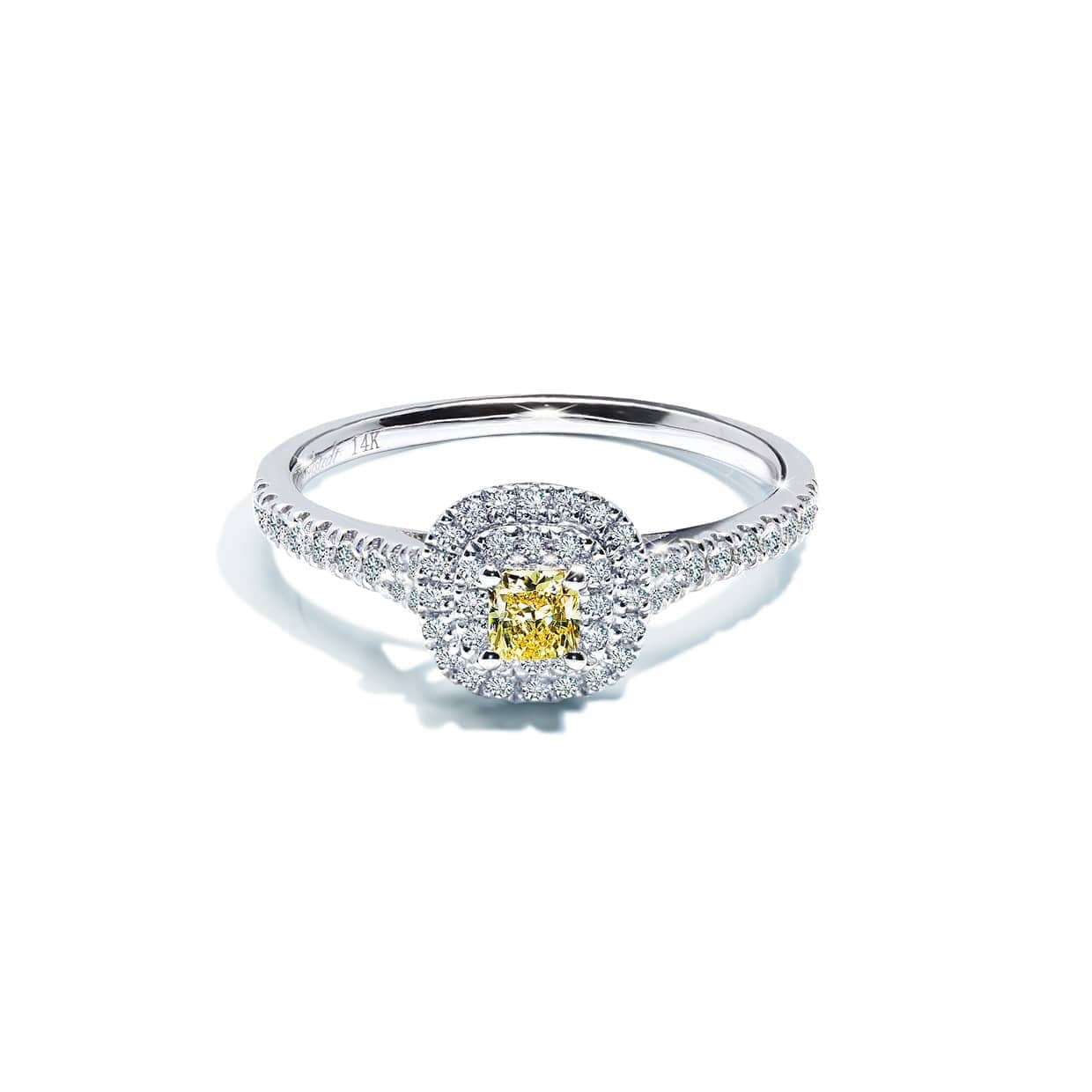 Gul Cushion Safir Forlovelsesring Med Dobbelt Diamant Halo - 14k Guld 66